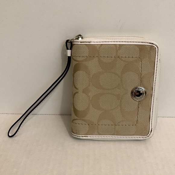 Coach Handbags - Coach Beige Signature Canvas Wristlet Wallet with White Trim